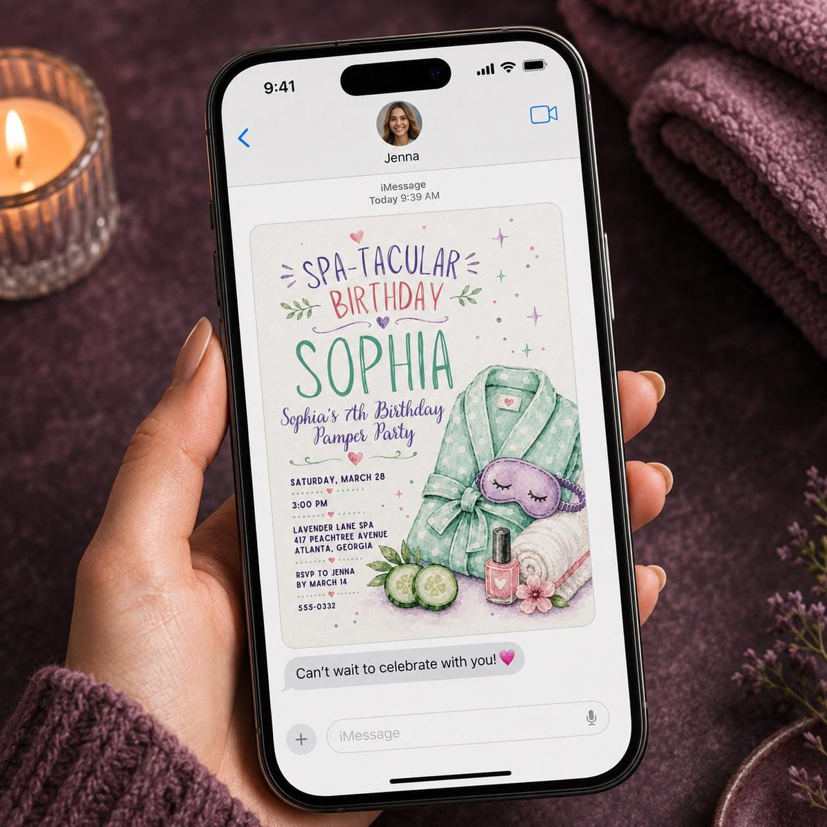 Sleepover Spa 7th Birthday Invitation for Girls — invitation you personalize in Canva
