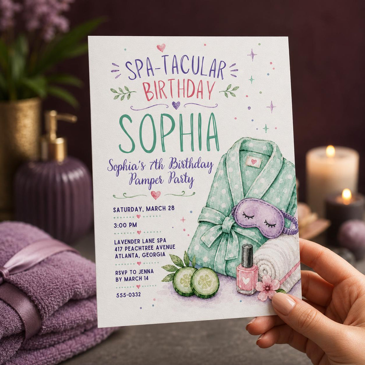 Sleepover Spa 7th Birthday Invitation for Girls — print-ready 7th birthday party design from VoltBy