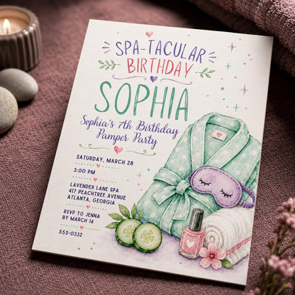 Sleepover Spa 7th Birthday Invitation for Girls — 7th birthday party stationery by VoltBy