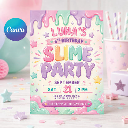 Slime Party Birthday Invitation — editable Canva template