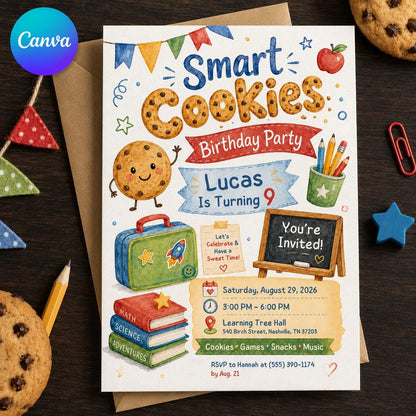 Smart Cookie 9th Birthday Invitation — editable Canva template