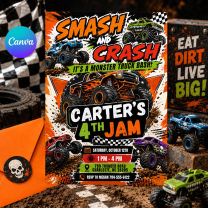 Smash and Crash Monster Truck 4th Birthday Invitation — editable Canva template