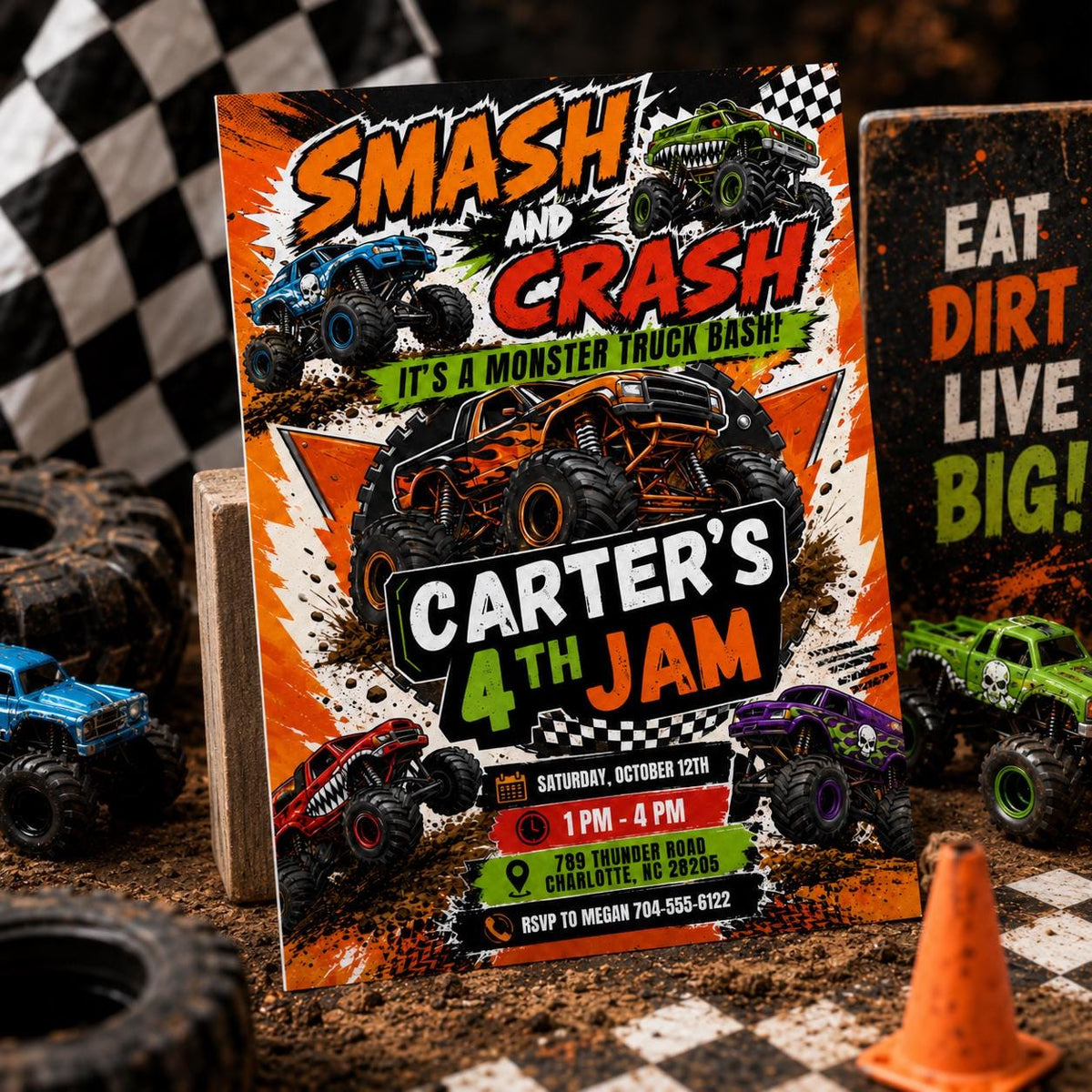 Smash and Crash Monster Truck 4th Birthday Invitation in black green
