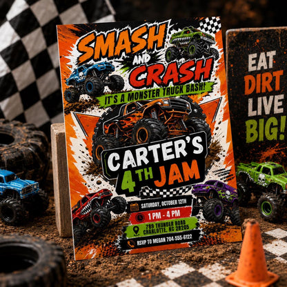Smash and Crash Monster Truck 4th Birthday Invitation in black green