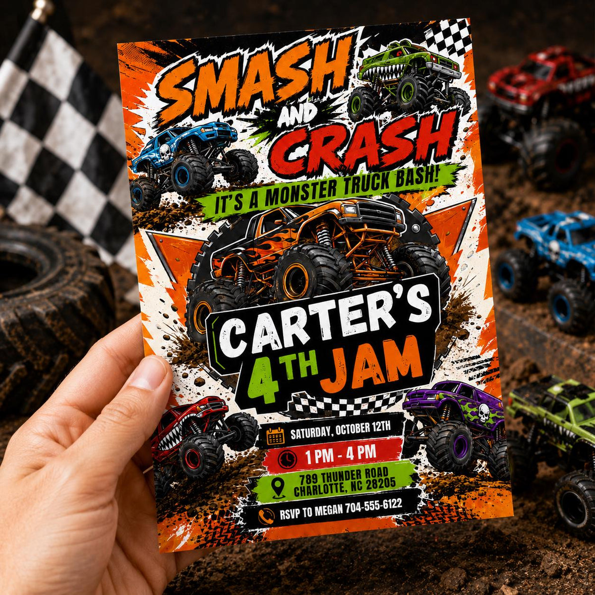Smash and Crash Monster Truck 4th Birthday Invitation — race car design