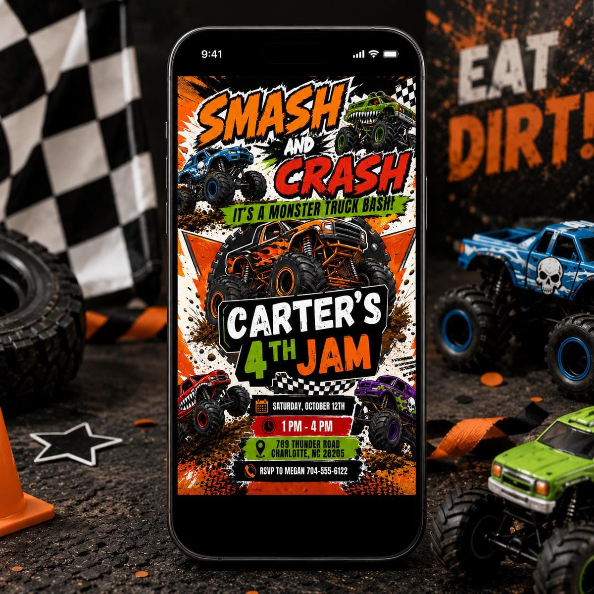 Smash and Crash Monster Truck 4th Birthday Invitation — invitation you personalize in Canva