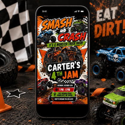Smash and Crash Monster Truck 4th Birthday Invitation — invitation you personalize in Canva
