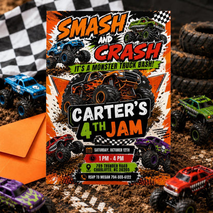 Smash and Crash Monster Truck 4th Birthday Invitation — race car artwork in black green