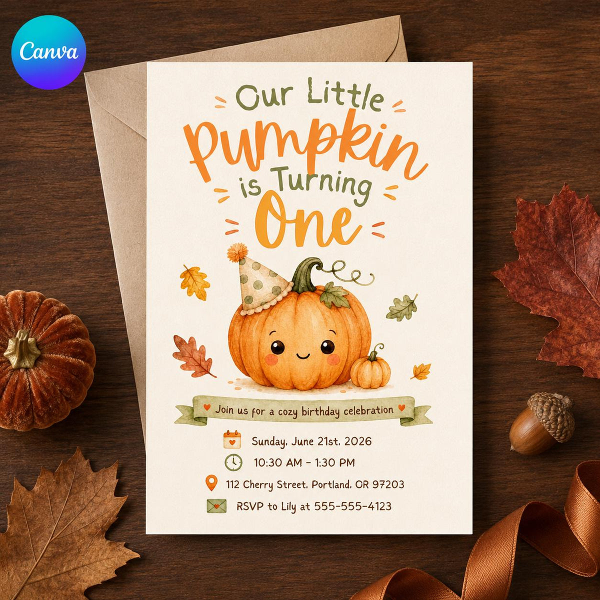 Smiling Little Pumpkin First Birthday Invitation — editable Canva template