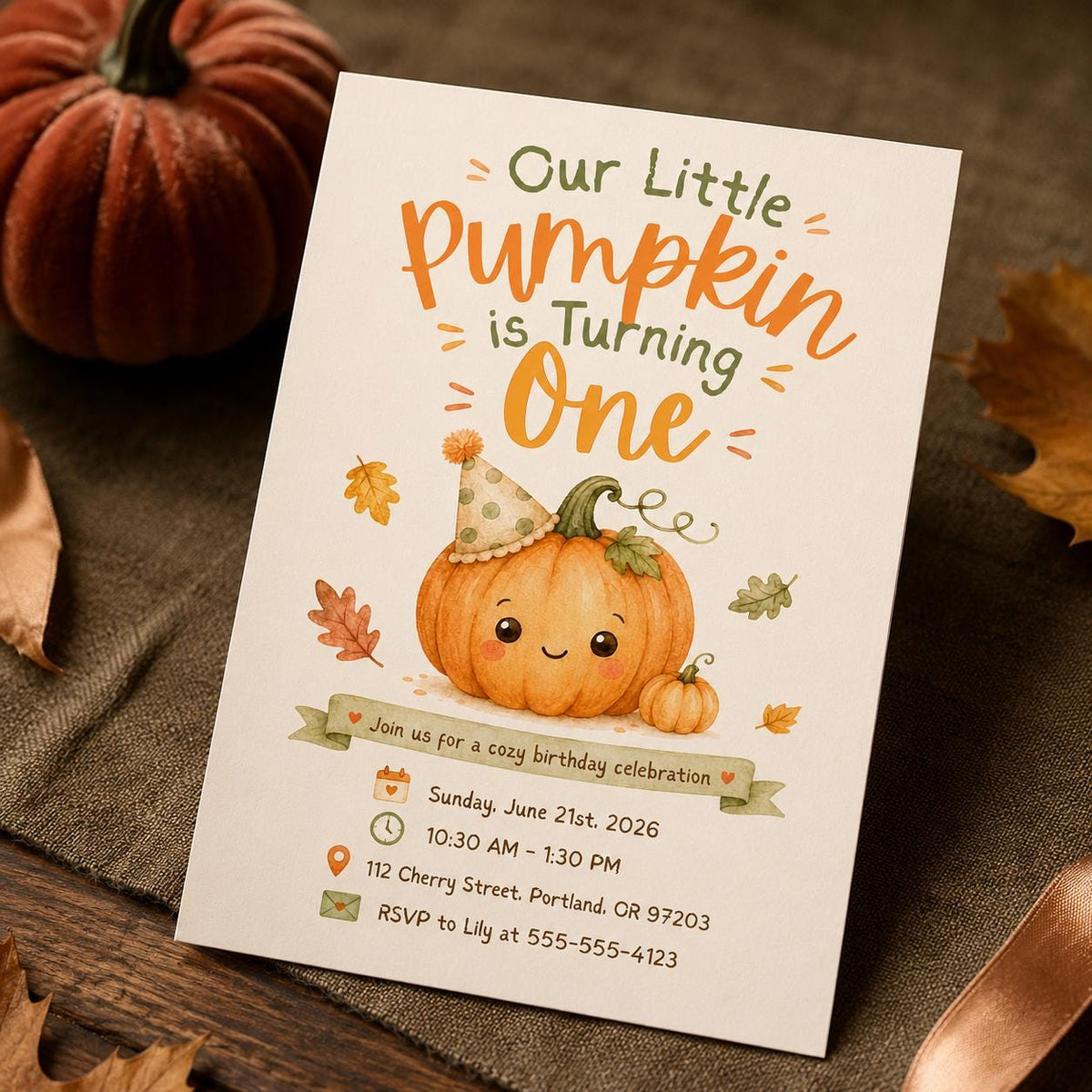 Smiling Little Pumpkin First Birthday Invitation — leaf design