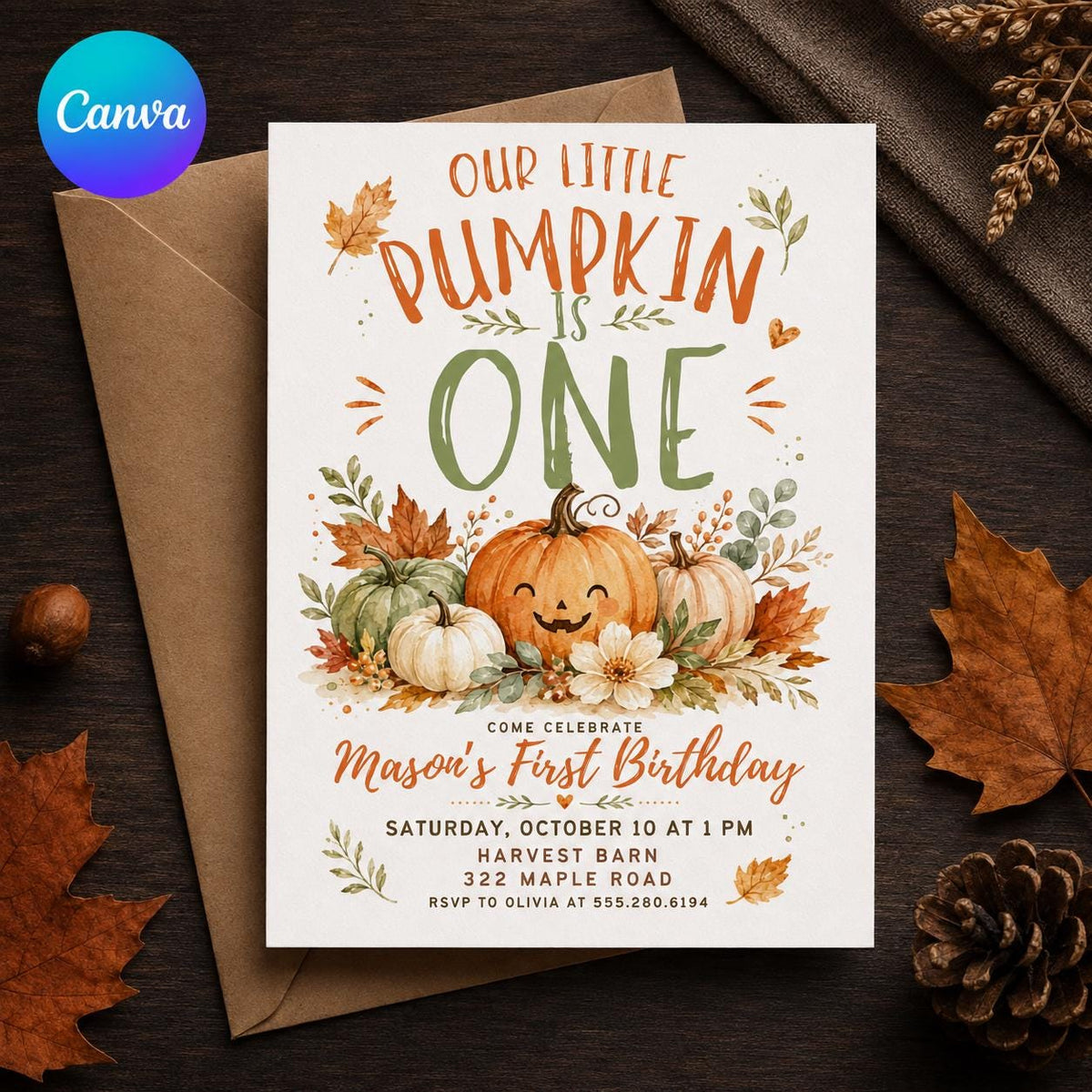 Smiling Pumpkin Harvest First Birthday Invitation — editable Canva template