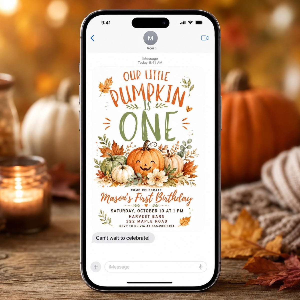 Smiling Pumpkin Harvest First Birthday Invitation in cream and green
