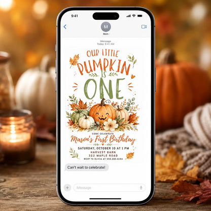 Smiling Pumpkin Harvest First Birthday Invitation in cream and green