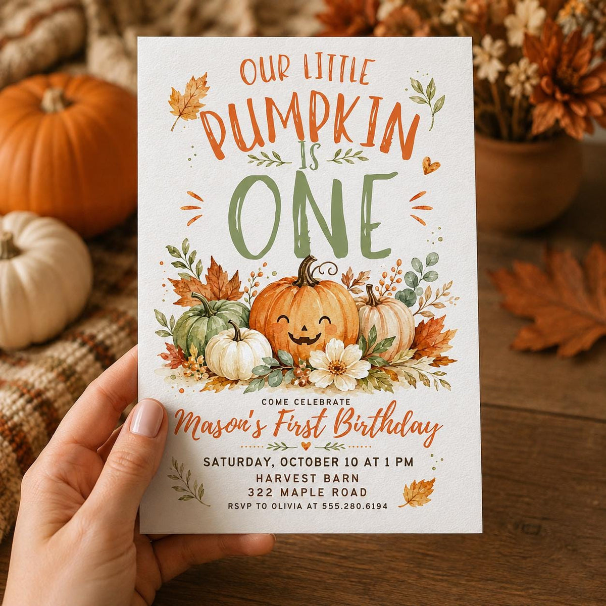 Smiling Pumpkin Harvest First Birthday Invitation — invitation you personalize in Canva