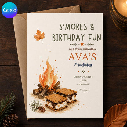 S'mores Birthday Invitation — editable Canva template