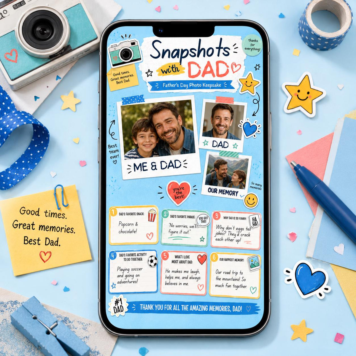 Snapshots with Dad Father's Day Photo Keepsake in blue and pink