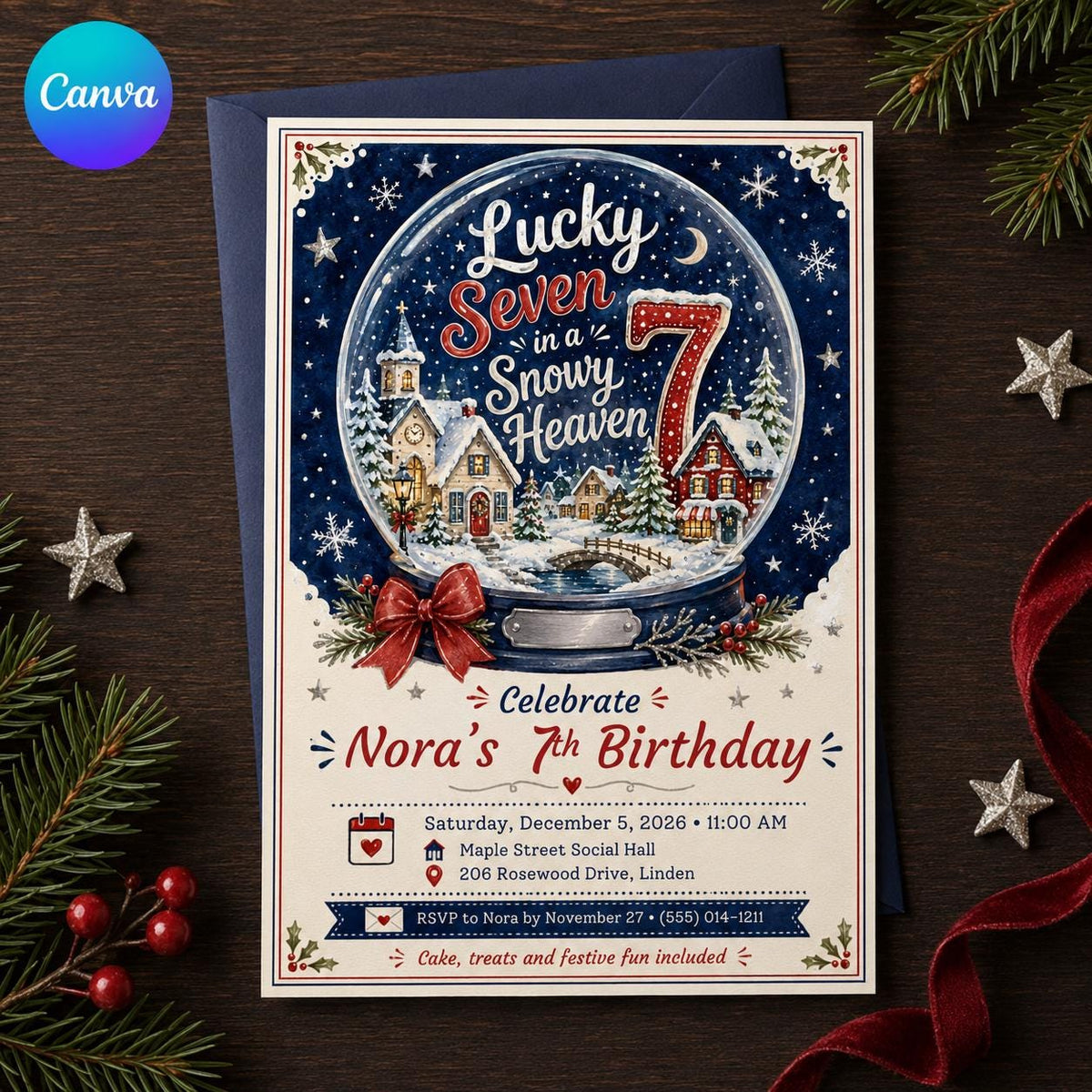 Snow Globe Winter Wonderland 7th Birthday Invitation — editable Canva template