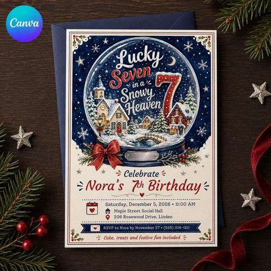 Snow Globe Winter Wonderland 7th Birthday Invitation — editable Canva template