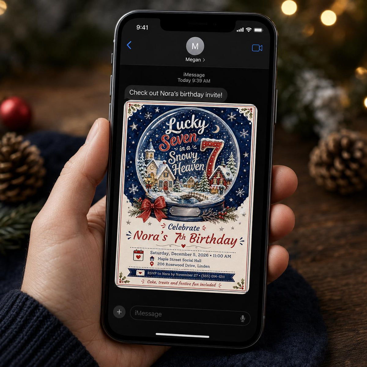 Snow Globe Winter Wonderland 7th Birthday Invitation — invitation you personalize in Canva