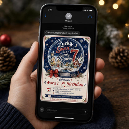Snow Globe Winter Wonderland 7th Birthday Invitation — invitation you personalize in Canva