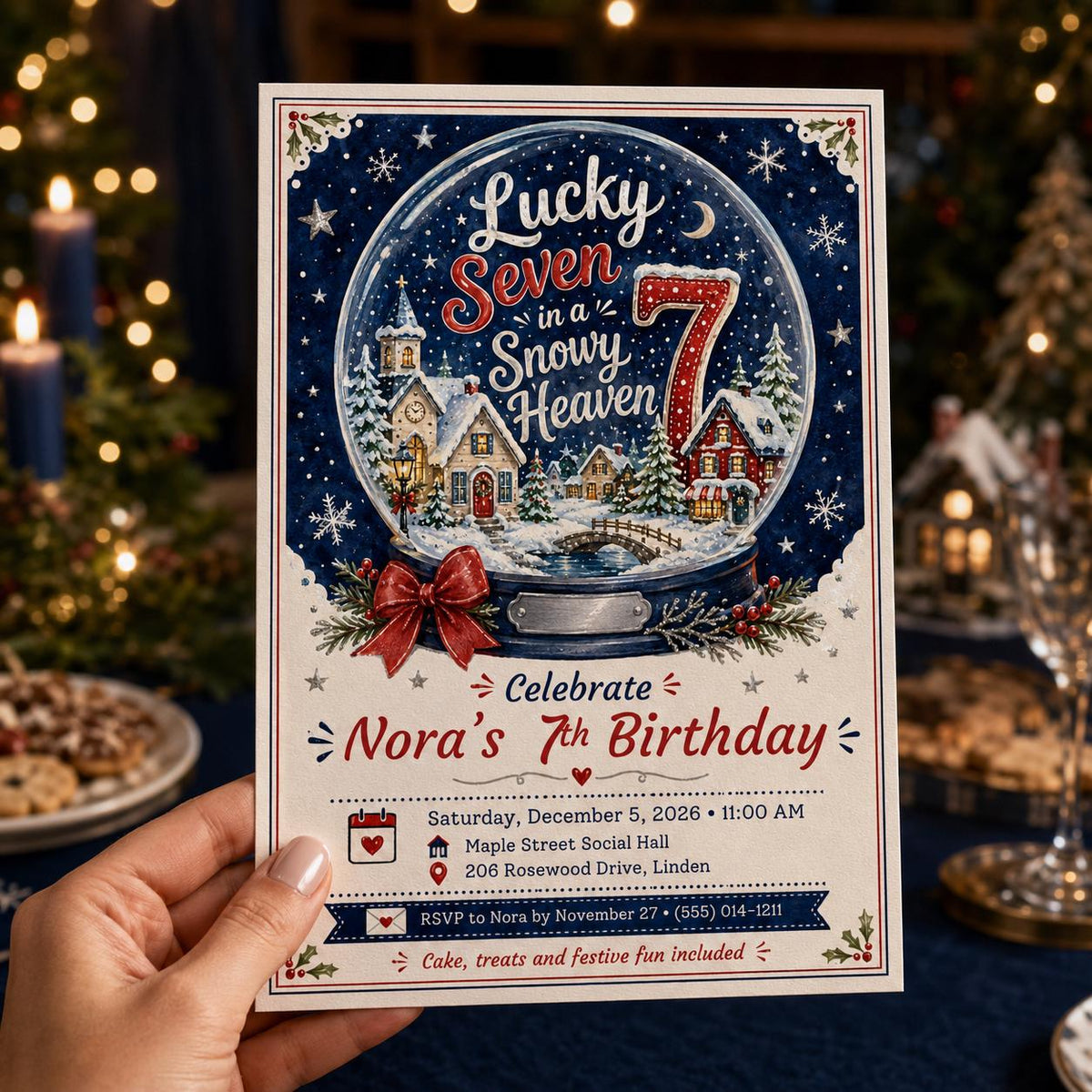 Snow Globe Winter Wonderland 7th Birthday Invitation — print-ready 7th birthday party design from VoltBy