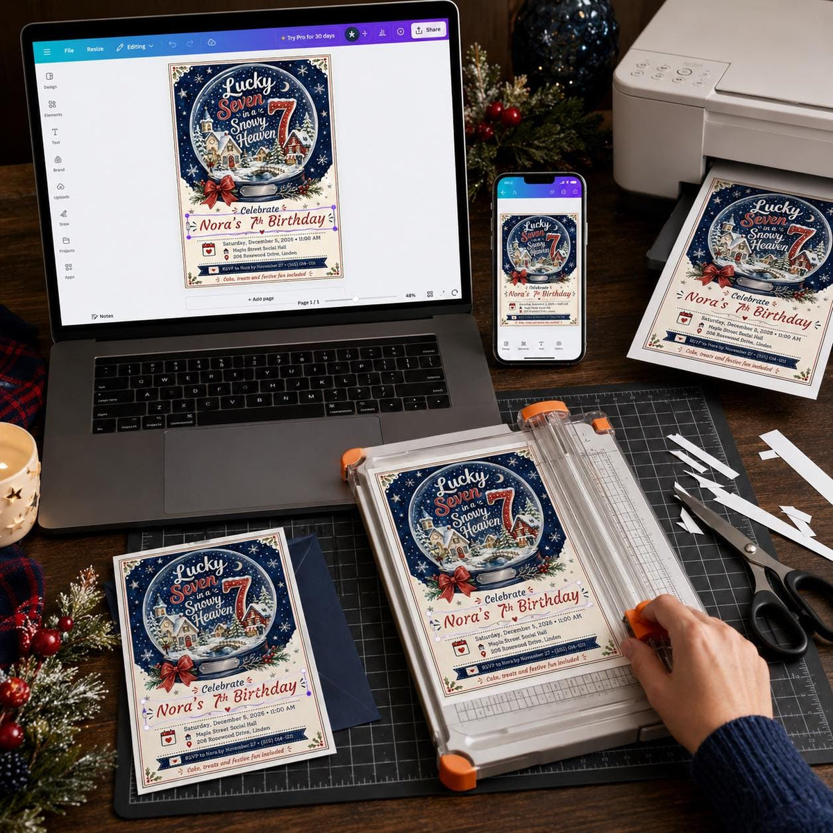 Snow Globe Winter Wonderland 7th Birthday Invitation — digital invitation, instant download