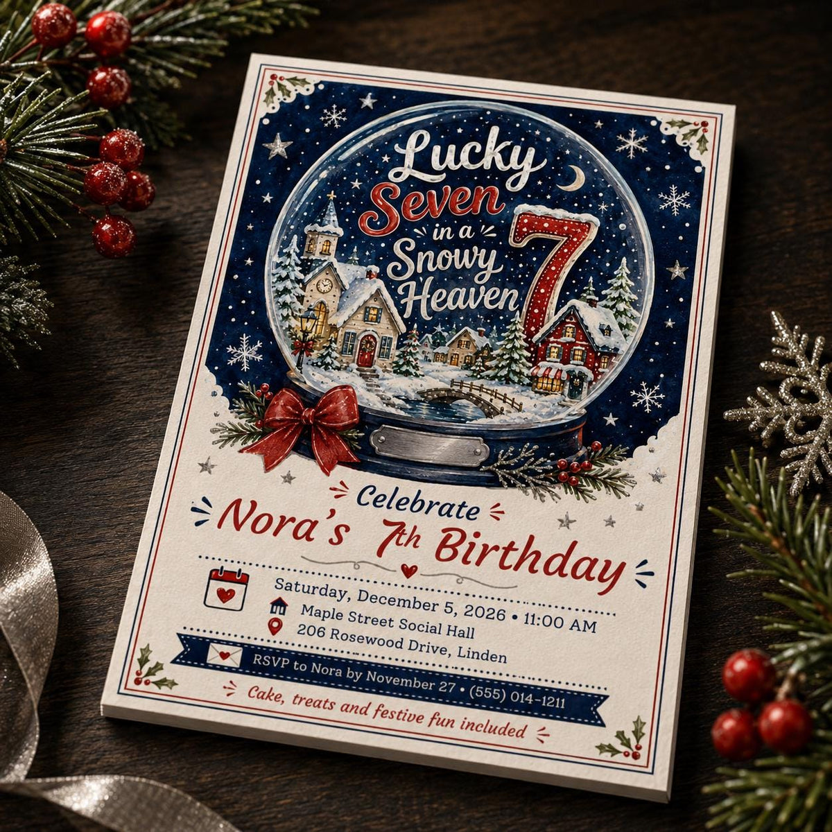 Snow Globe Winter Wonderland 7th Birthday Invitation — 7th birthday party stationery by VoltBy