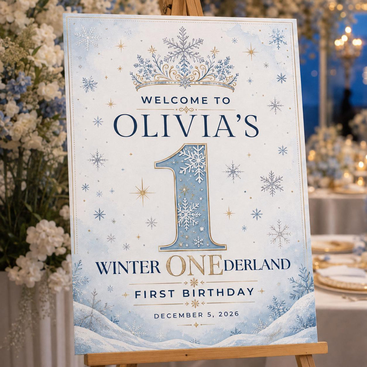 Snowflake First Birthday Welcome Sign — welcome sign you personalize in Canva