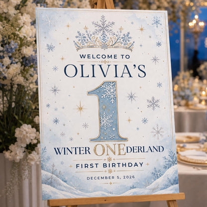 Snowflake First Birthday Welcome Sign — welcome sign you personalize in Canva