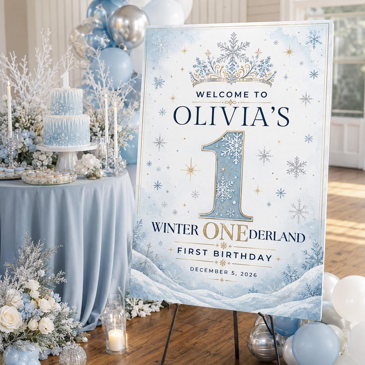 Snowflake First Birthday Welcome Sign — print-ready first birthday design from VoltBy