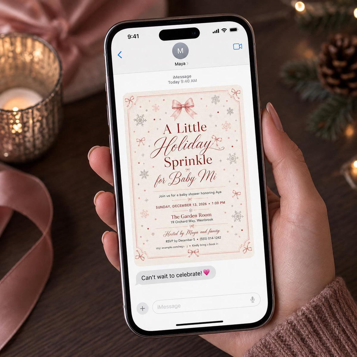 Snowflake Pink Winter Baby Shower Invitation for Girls — bow design