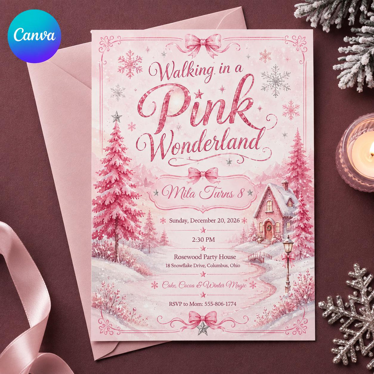 Snowflake Pink Winter Wonderland 8th Birthday Invitation for Girls — editable Canva template