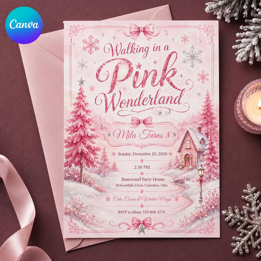 Snowflake Pink Winter Wonderland 8th Birthday Invitation for Girls — editable Canva template