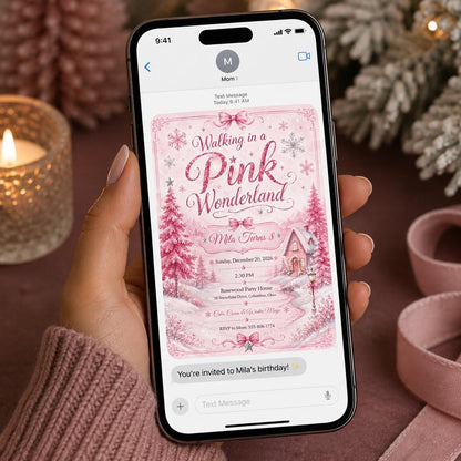 Snowflake Pink Winter Wonderland 8th Birthday Invitation for Girls — bow design