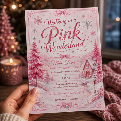 Snowflake Pink Winter Wonderland 8th Birthday Invitation for Girls — invitation you personalize in Canva