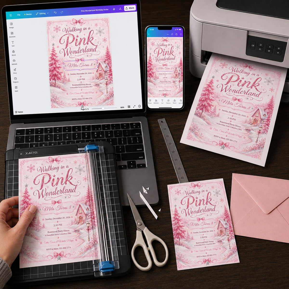 Snowflake Pink Winter Wonderland 8th Birthday Invitation for Girls — print-ready 8th birthday party design from VoltBy
