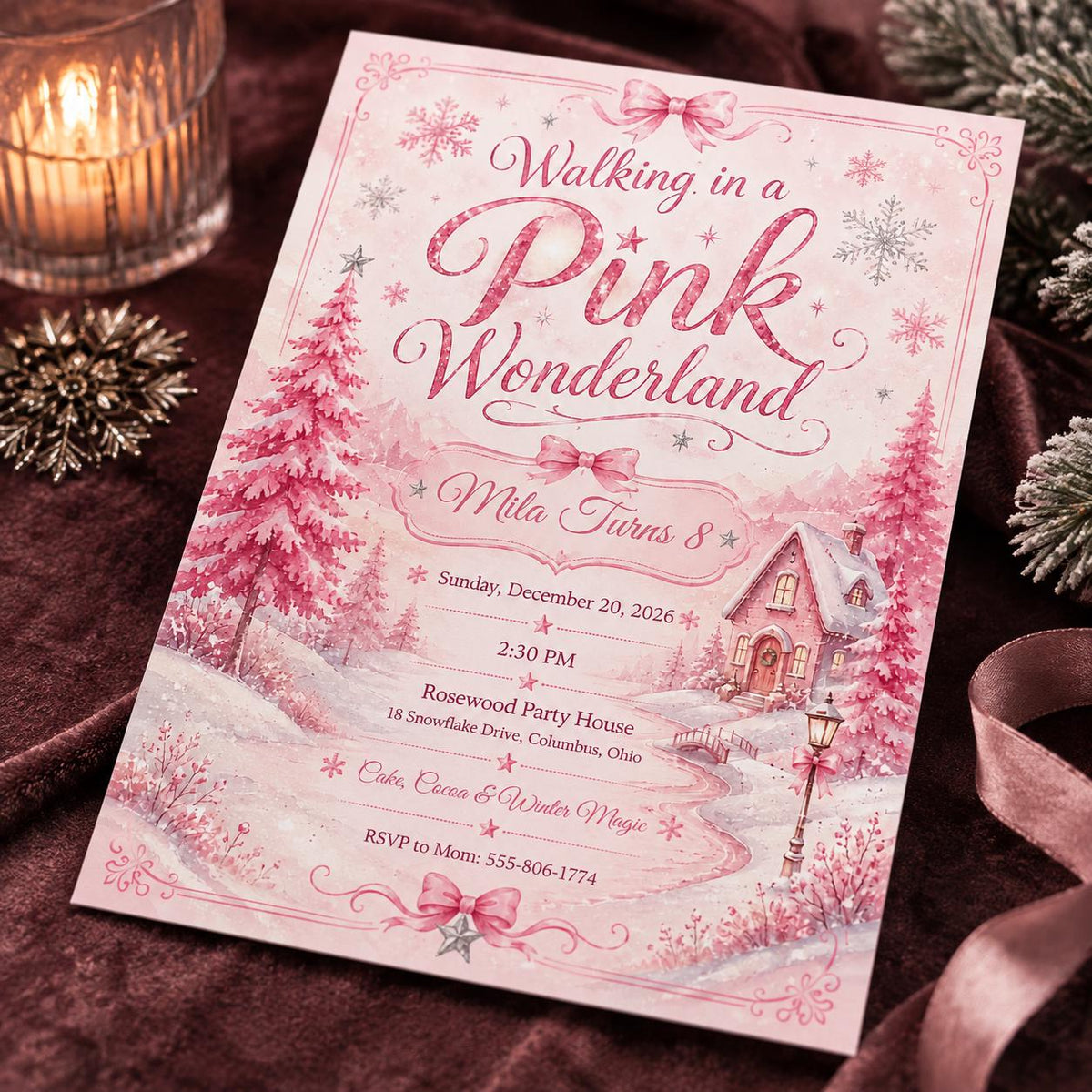 Snowflake Pink Winter Wonderland 8th Birthday Invitation for Girls — digital invitation, instant download