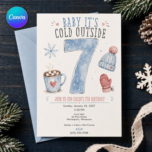 Snowflake Winter 7th Birthday Invitation — editable Canva template