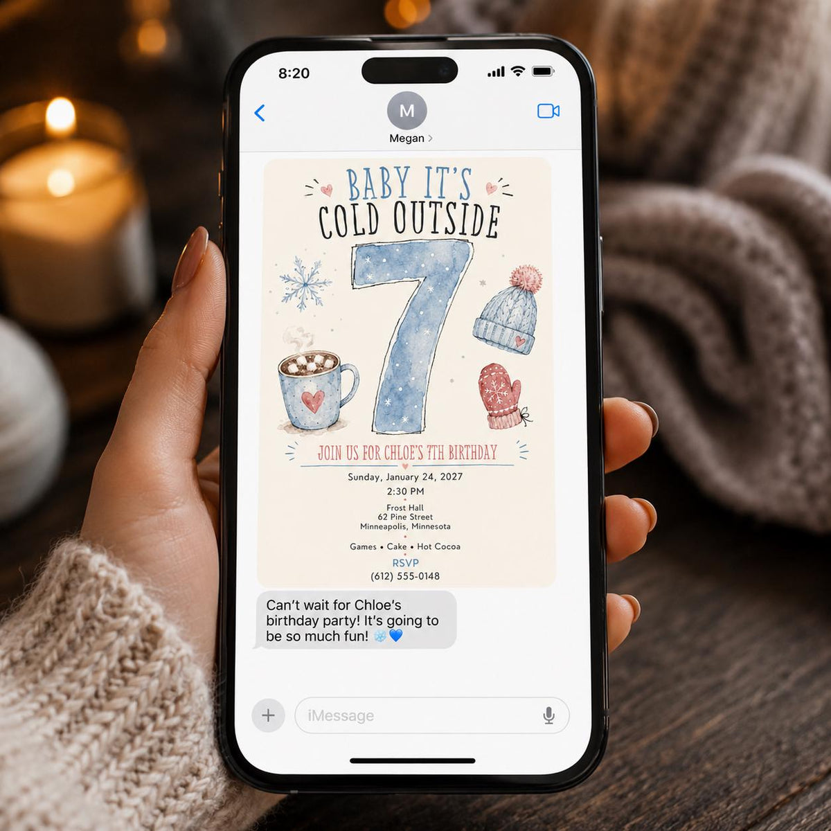 Snowflake Winter 7th Birthday Invitation — invitation you personalize in Canva