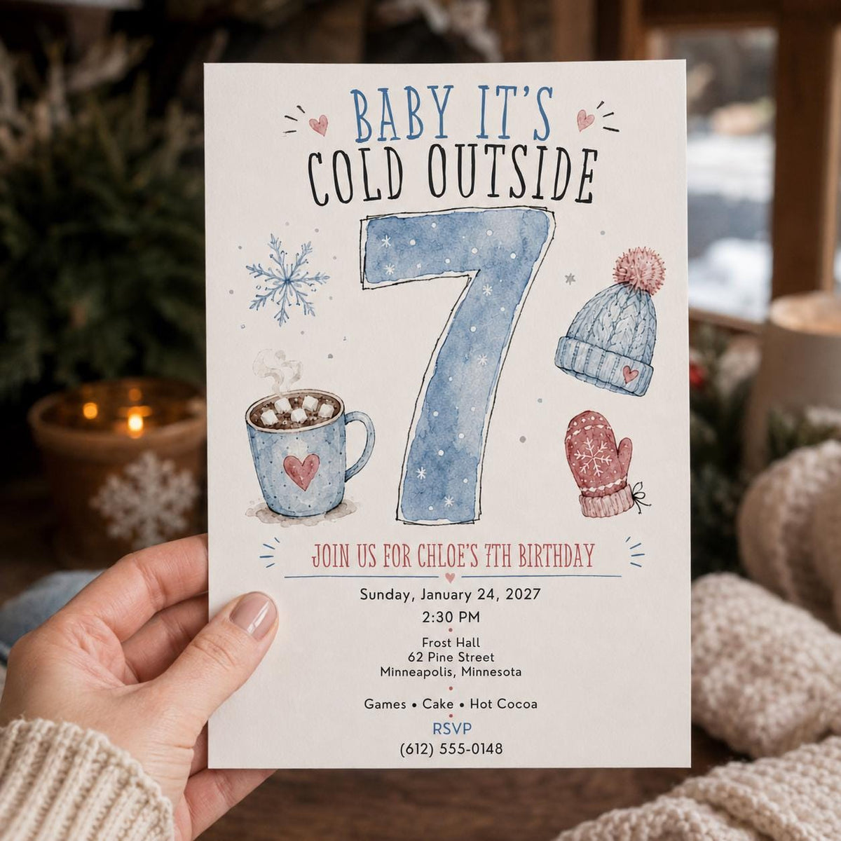Snowflake Winter 7th Birthday Invitation — print-ready 7th birthday party design from VoltBy