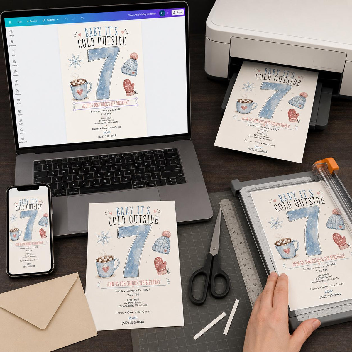 Snowflake Winter 7th Birthday Invitation — digital invitation, instant download