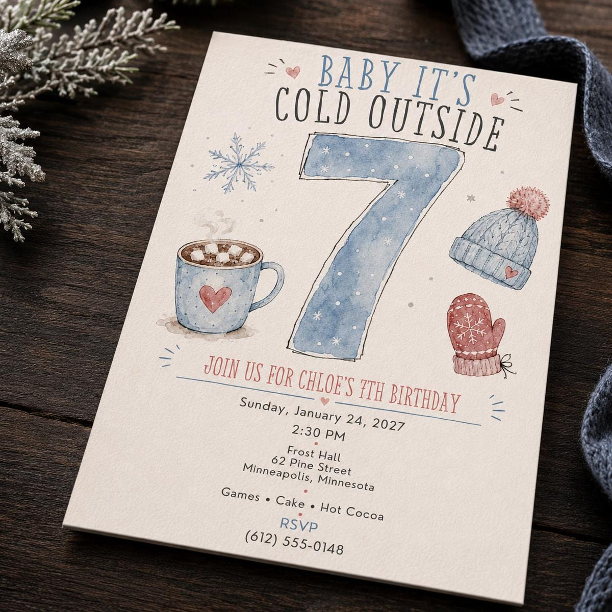 Snowflake Winter 7th Birthday Invitation — 7th birthday party stationery by VoltBy