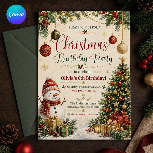 Snowman and Baubles Christmas 6th Birthday Invitation — editable Canva template