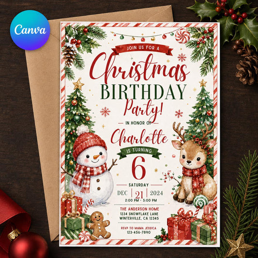 Snowman and Reindeer Christmas 6th Birthday Invitation — editable Canva template
