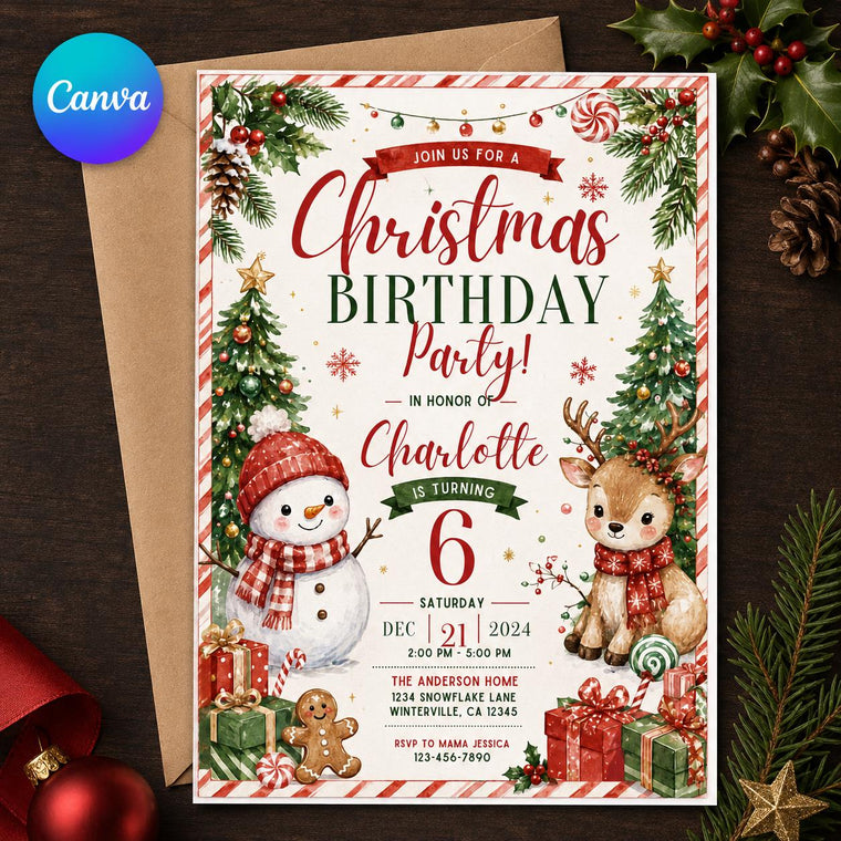 Snowman and Reindeer Christmas 6th Birthday Invitation