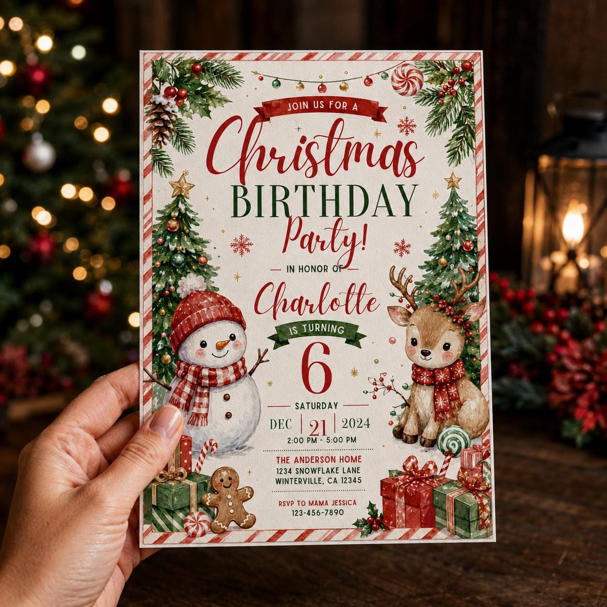 Snowman and Reindeer Christmas 6th Birthday Invitation — candy design