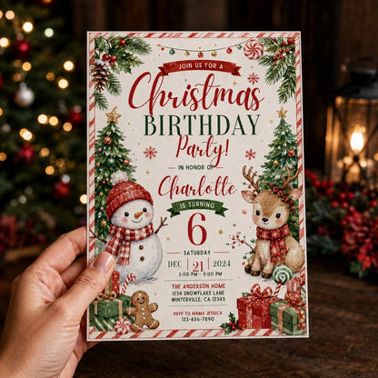 Snowman and Reindeer Christmas 6th Birthday Invitation — candy design