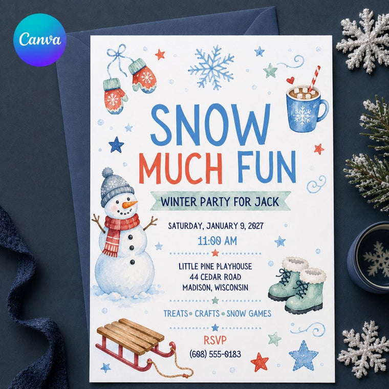 Snowman Snowy Ski Birthday Winter Party Invitation