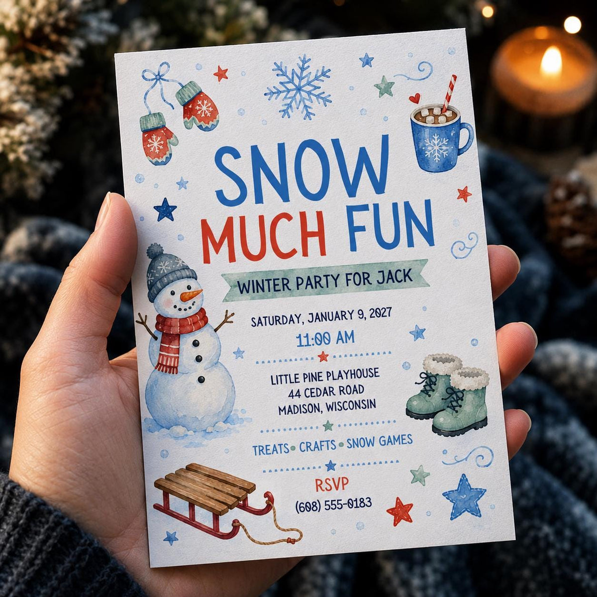 Snowman Snowy Ski Birthday Winter Party Invitation — print-ready birthday party design from VoltBy