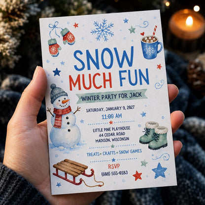Snowman Snowy Ski Birthday Winter Party Invitation — print-ready birthday party design from VoltBy